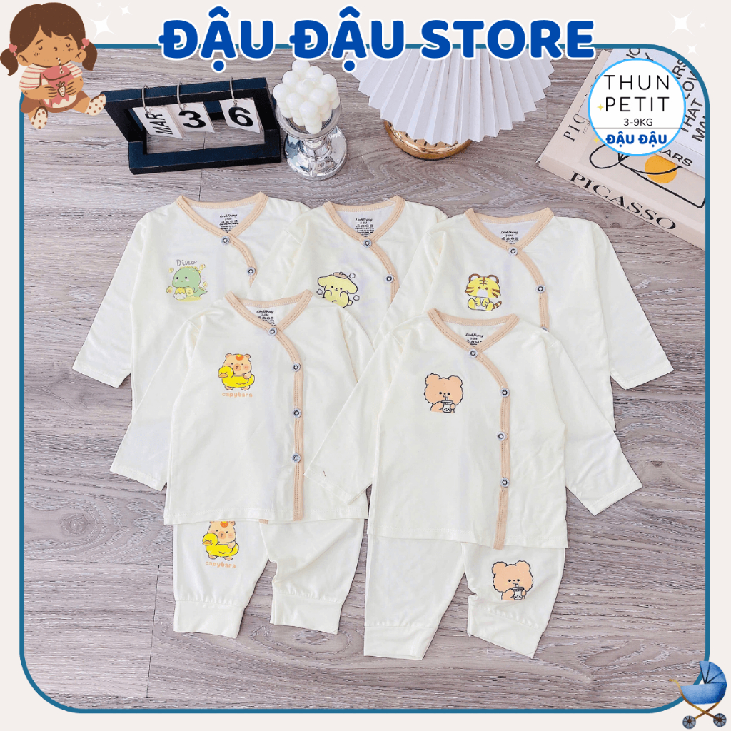 Combo 5 Bộ dài tay cho bé sơ sinh chất thun lạnh nền kem LT in hoạ tiết mềm mịn cho bé 3-9kg DL77 Đậu Đậu Store