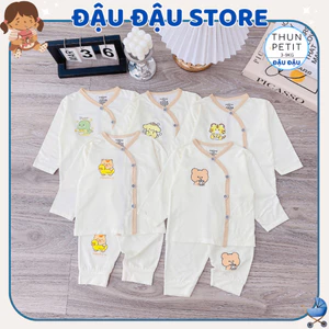 Combo 5 Bộ dài tay cho bé sơ sinh chất thun lạnh nền kem LT in hoạ tiết mềm mịn cho bé 3-9kg DL77 Đậu Đậu Store