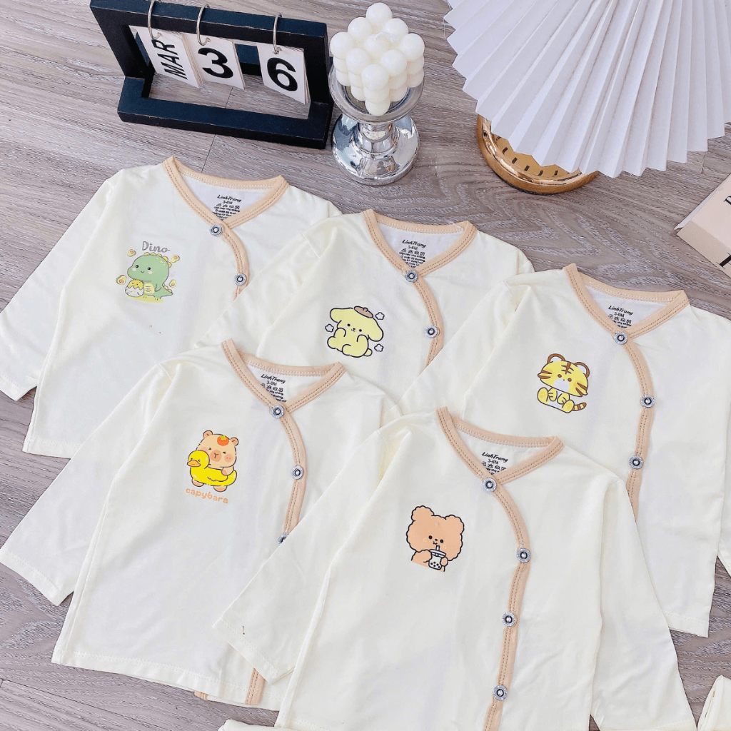 Combo 5 Bộ dài tay cho bé sơ sinh chất thun lạnh nền kem LT in hoạ tiết mềm mịn cho bé 3-9kg DL77 Đậu Đậu Store