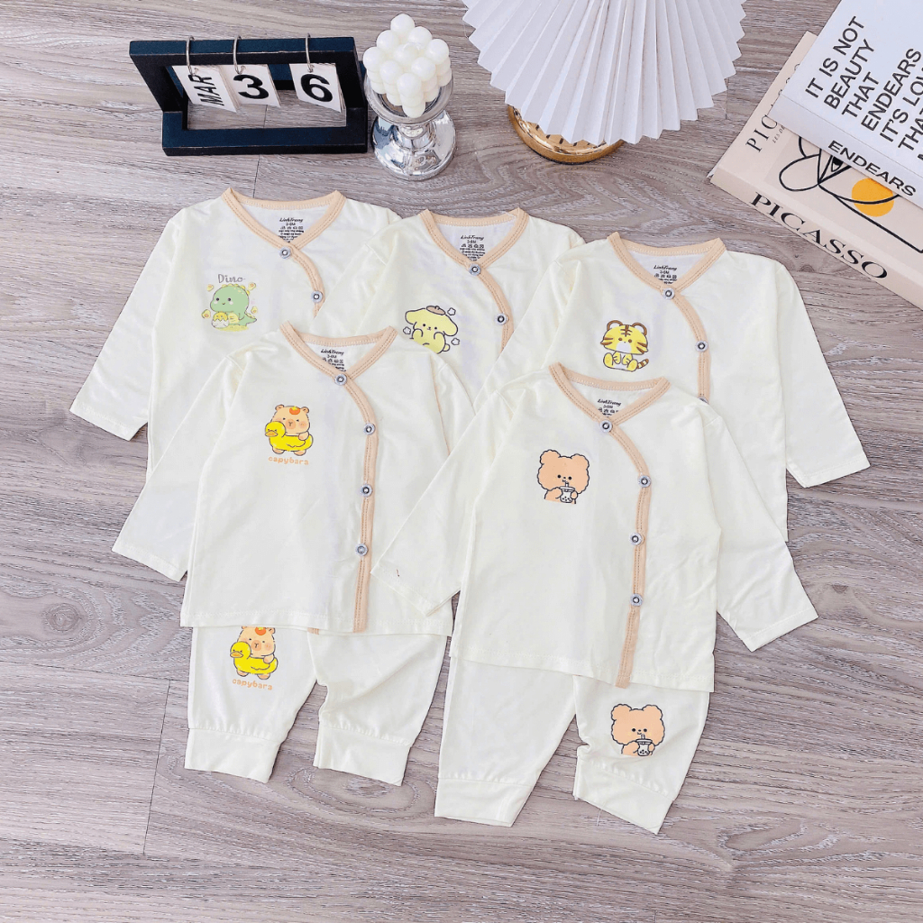 Combo 5 Bộ dài tay cho bé sơ sinh chất thun lạnh nền kem LT in hoạ tiết mềm mịn cho bé 3-9kg DL77 Đậu Đậu Store