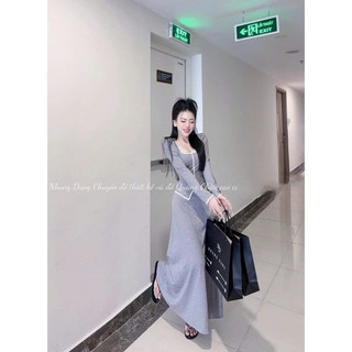 Set váy thời trang dành cho nữ chất borip tici sang xịn áo cổ vuông tay dài viền trắng chân váy maxi