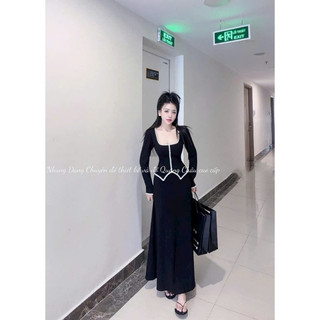 Set váy thời trang dành cho nữ chất borip tici sang xịn áo cổ vuông tay dài viền trắng chân váy maxi