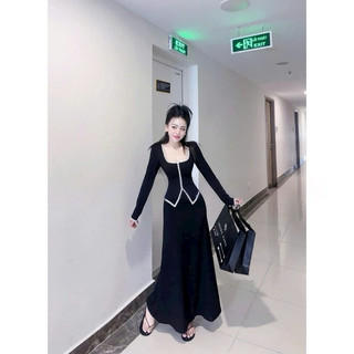 Set váy thời trang dành cho nữ chất borip tici sang xịn áo cổ vuông tay dài viền trắng chân váy maxi