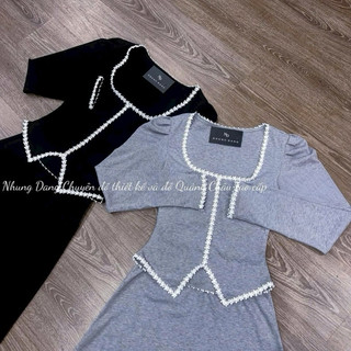 Set váy thời trang dành cho nữ chất borip tici sang xịn áo cổ vuông tay dài viền trắng chân váy maxi