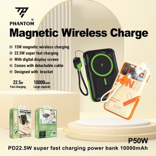 [Có 3C] Sạc dự phòng không dây Magnetic 15W PHANTOM P50 10000mAh Cáp TypeC to LaiNing PD 22.5W, Có giá đỡ, Tản nhiệt