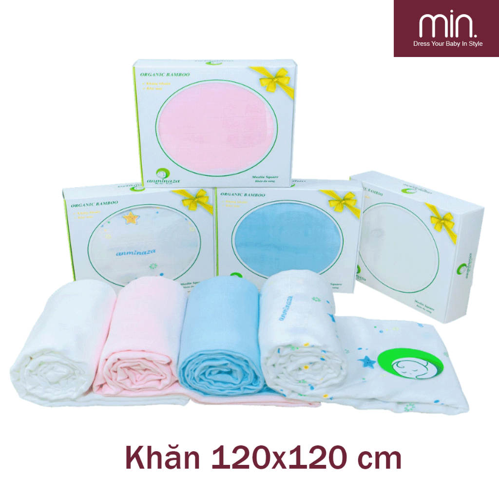 Khăn Tắm Cho Bé Sơ Sinh 120x120cm Anminaza Vải Sợi Tre Cao Cấp Gồm 2 Lớp Kháng Khuẩn-Khử Mùi-Siêu Thấm Hút