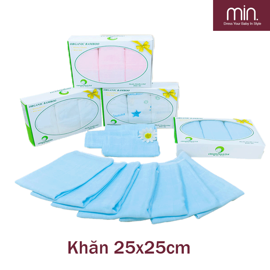 Hộp 10 Khăn Sữa 25x25cm Anminaza Vải Sợi Tre Cao Cấp Gồm 2 Lớp Kháng Khuẩn-Mềm Mịn-Thấm Hút Tốt
