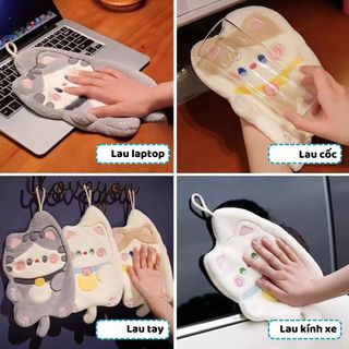 Khăn lau tay nhà bếp phòng tắm hình mèo dễ thương chất liệu nhung lông cừu san hô siêu thấm hút