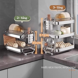 GSlife Kệ Úp Chén Bát Inox Chữ C 42cm 2/3 Tầng, Kệ Bếp Kèm Ống Đũa, Giá Thớt Và Khay Hứng Nước
