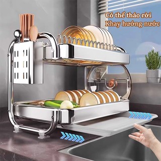 GSlife Kệ Úp Chén Bát Inox Chữ C 42cm 2/3 Tầng, Kệ Bếp Kèm Ống Đũa, Giá Thớt Và Khay Hứng Nước
