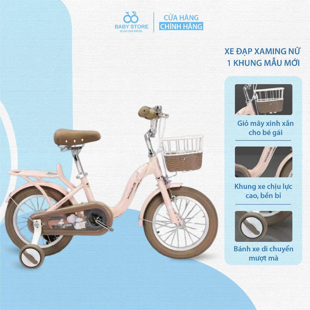 Xe đạp cho bé. Xe đạp Xaming nữ 1 khung Mẫu Mới 2024 giỏ mây size 12-20 cho bé gái BABY STORE-có đệm ghế sau