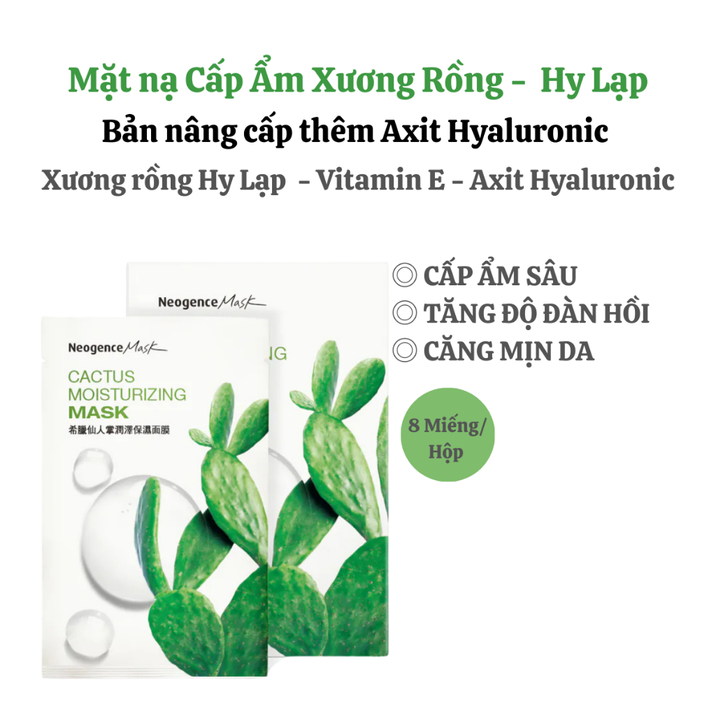 [Neogence] Hộp 8 miếng mặt nạ rau má, xương rồng, tràm trà phục hồi, dưỡng ẩm, sáng da Đài Loan