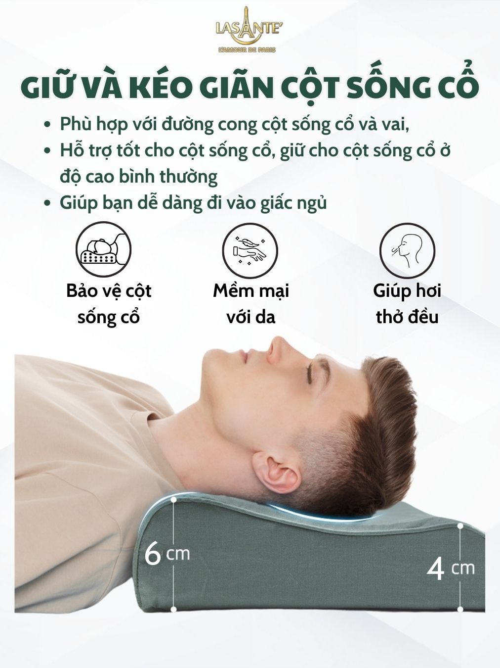 Ảnh Gối Cao Su Thấp 4 Cm Form Lượn Sóng Siêu Mỏng Lasante Thiết Kế Giảm Đau Cổ Khi Ngủ Chống Thoái Hóa 3