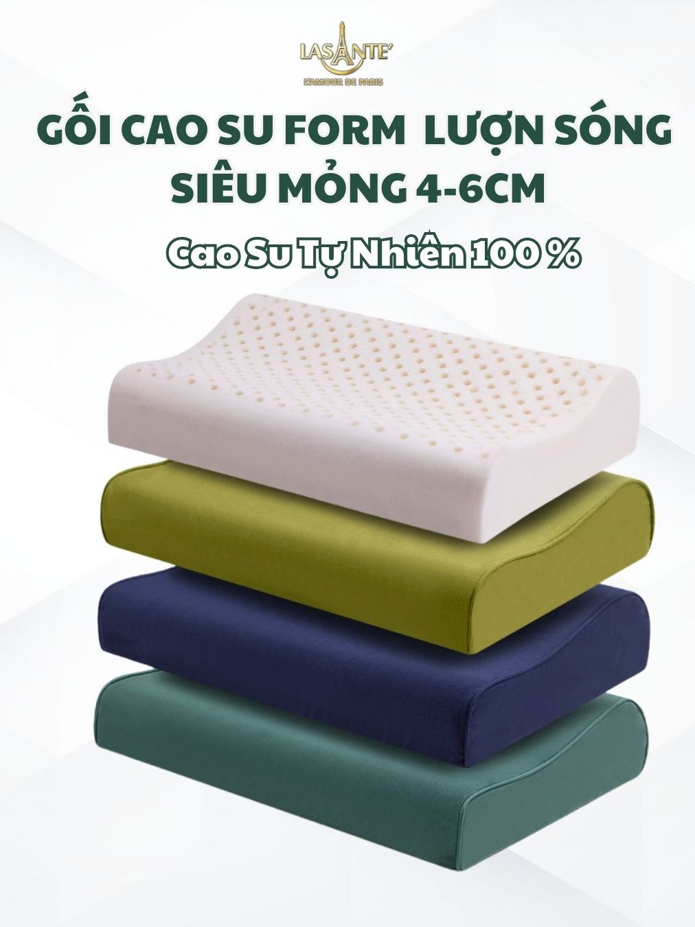 Ảnh Gối Cao Su Thấp 4 Cm Form Lượn Sóng Siêu Mỏng Lasante Thiết Kế Giảm Đau Cổ Khi Ngủ Chống Thoái Hóa 1