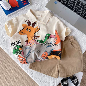 Bộ quần áo QC áo polo chất vải cotton in họa tiết động vật kèm quần kaki nâu mềm cho bé trai gồm áo và quần