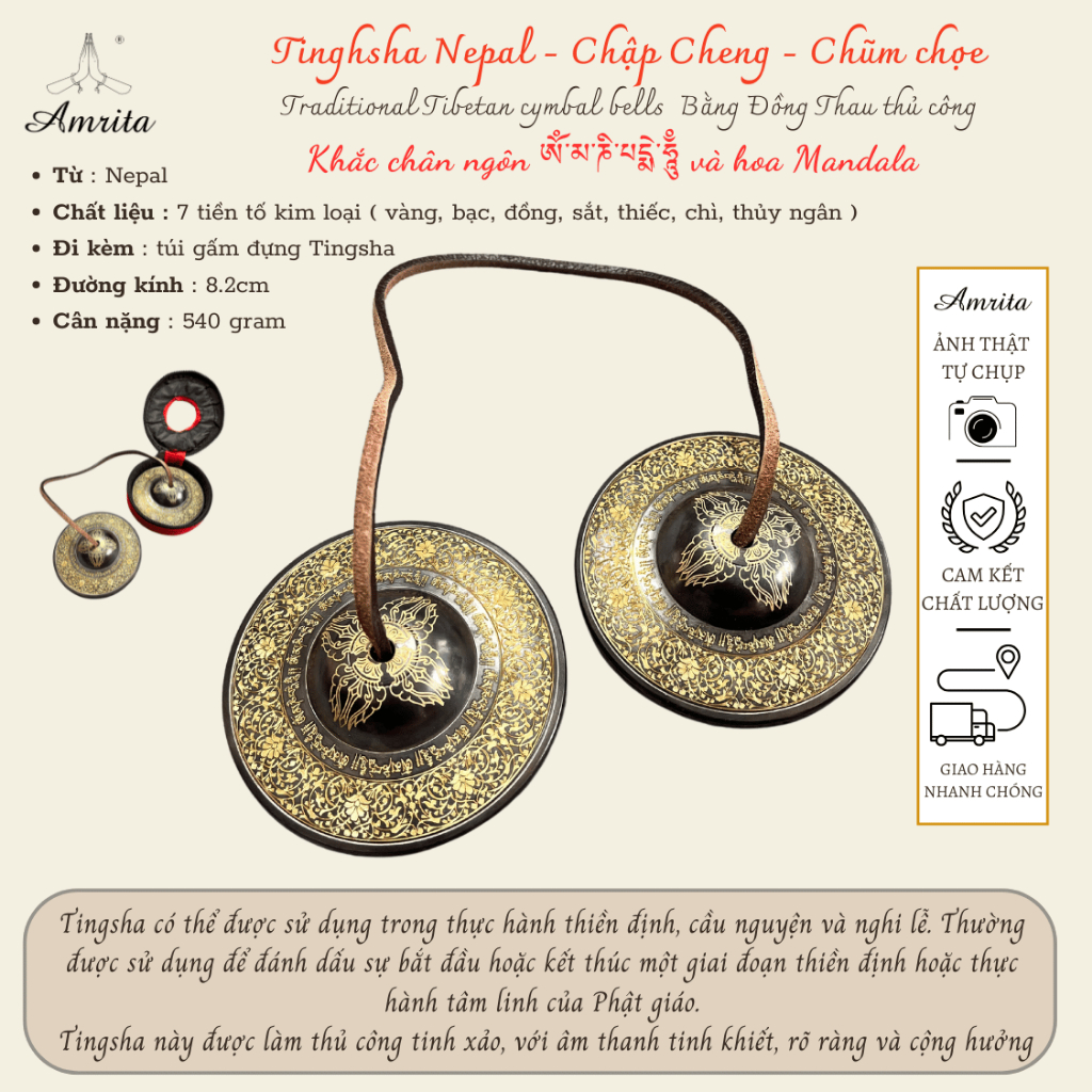 Tingsha Nepal - Chập Cheng Cao Cấp Nepal Khắc  Om Mani Padme Hum- Phật giáo Amrita