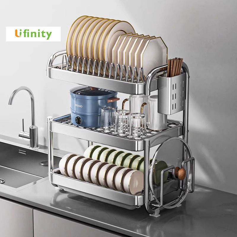 Lifinity Kệ Đựng Bát Đĩa Inox Chữ C 42cm 2/3 Tầng, Kèm Ống Đũa, Giá Thớt Và Khay Hứng Nước