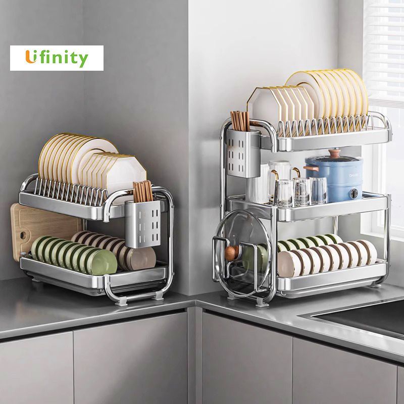 Lifinity Kệ Đựng Bát Đĩa Inox Chữ C 42cm 2/3 Tầng, Kèm Ống Đũa, Giá Thớt Và Khay Hứng Nước