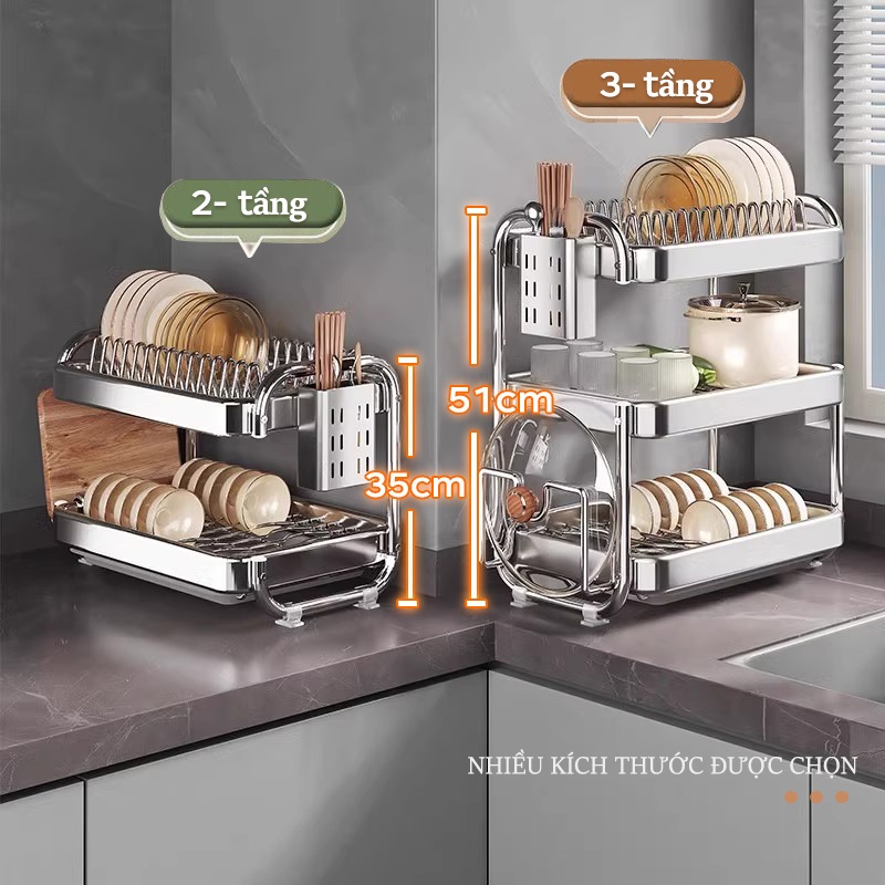 Lifinity Kệ Đựng Bát Đĩa Inox Chữ C 42cm 2/3 Tầng, Kèm Ống Đũa, Giá Thớt Và Khay Hứng Nước