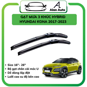 Gạt Mưa xe ô tô Hyundai Kona, Cần Gạt mưa 3 khúc Hybrid Silicone theo xe. Bộ 2 cần gạt móc chữ U