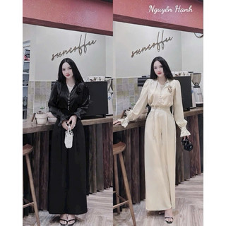 Set bộ dài chất tuyết nhung cổ chữ V nút cườm đính hoa trước ngực tay dài bo tay bèo sang trọng thích hợp mọi buổi tiệc