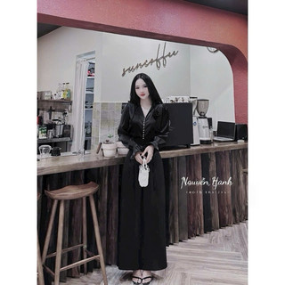 Set bộ dài chất tuyết nhung cổ chữ V nút cườm đính hoa trước ngực tay dài bo tay bèo sang trọng thích hợp mọi buổi tiệc