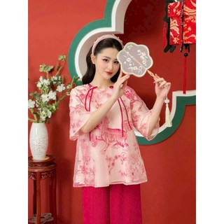 Set bộ thời trang nữ chất voan tơ áo tay lỡ cổ tròn đính nơ họa tiết thêu phối quần tuyết nhung thiết kế 1 màu