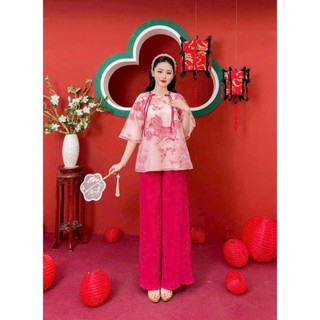 Set bộ thời trang nữ chất voan tơ áo tay lỡ cổ tròn đính nơ họa tiết thêu phối quần tuyết nhung thiết kế 1 màu