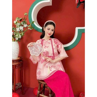 Set bộ thời trang nữ chất voan tơ áo tay lỡ cổ tròn đính nơ họa tiết thêu phối quần tuyết nhung thiết kế 1 màu