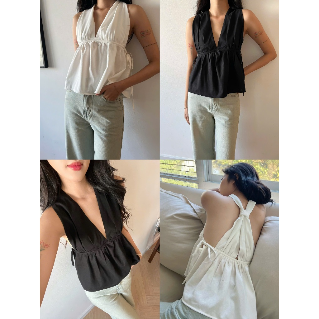 Áo cổ yếm 2 dây chéo cách điệu sang chảnh cùng chất liệu Linen dễ mặc Gemboutique - Avian Top
