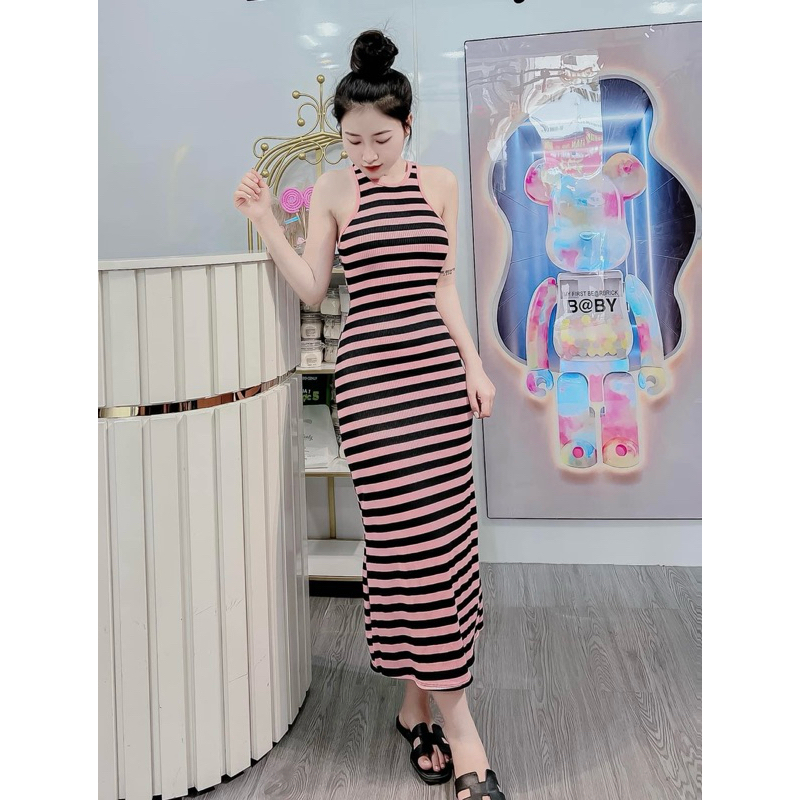 Đầm body kẻ  sát nách dáng dài xinh xắn tôn dáng