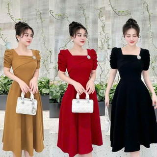 Đầm Giá Dáng Xòe Phối Tay Bèo, Cổ Có Đính Nơ Trang Trọng Tôn Dáng
