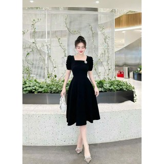 Đầm Giá Dáng Xòe Phối Tay Bèo, Cổ Có Đính Nơ Trang Trọng Tôn Dáng