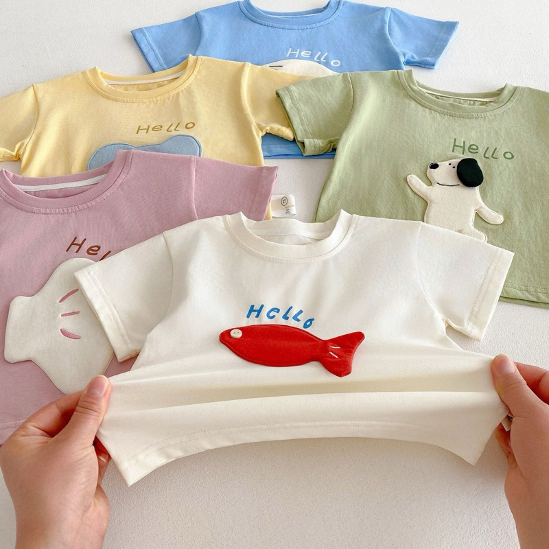 (Order) Áo phông in hoạ tiết nổi ngộ nghĩnh vải cotton thấm mồ hôi co dãn dành cho bé trai - bé gái