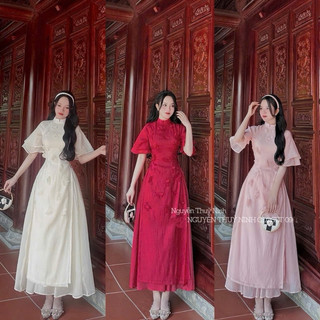 Set áo dài nữ mẫu mới chất tơ xịn hoa thêu tà 2 lớp cổ trụ tay loe chân váy voan tơ nến cao cấp cho nàng diện TẾT