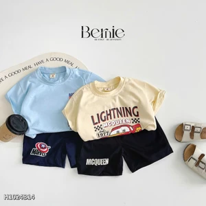 Bộ cotton in hoạ tiết siêu nhân, ô tô cộc tay cho bé trai, bộ cộc tay hoạt hình cotton co dãn mềm mát cho bé H1024B14