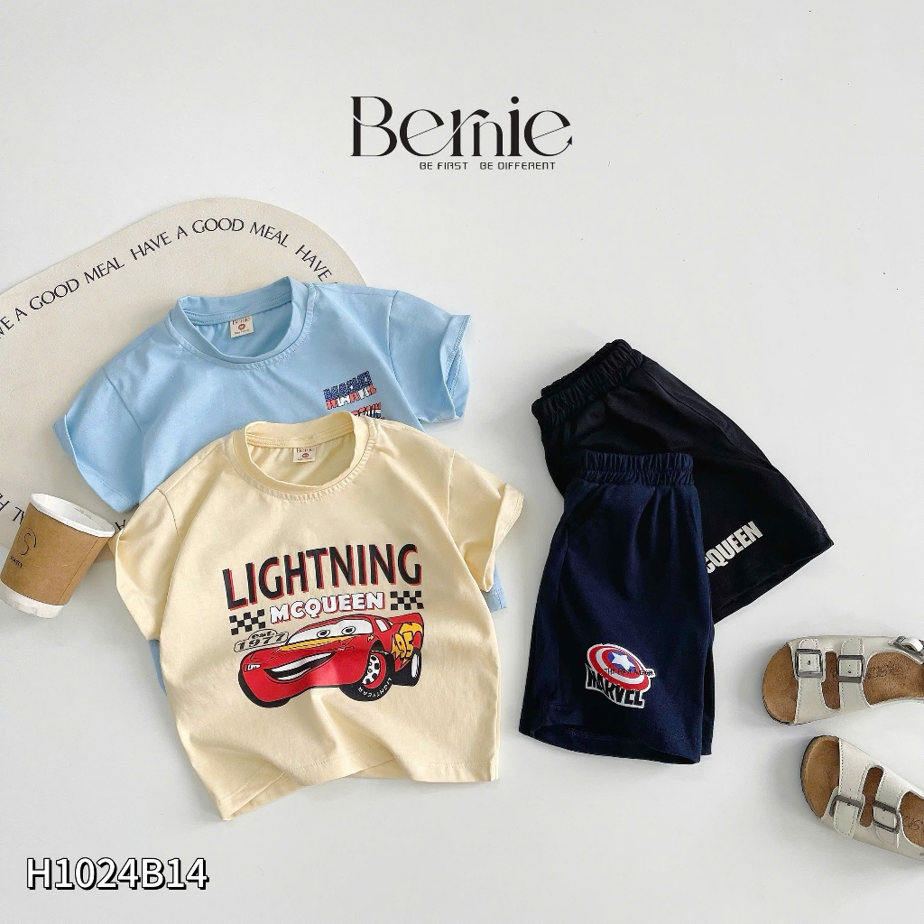 Bộ cotton in hoạ tiết siêu nhân, ô tô cộc tay cho bé trai, bộ cộc tay hoạt hình cotton co dãn mềm mát cho bé H1024B14