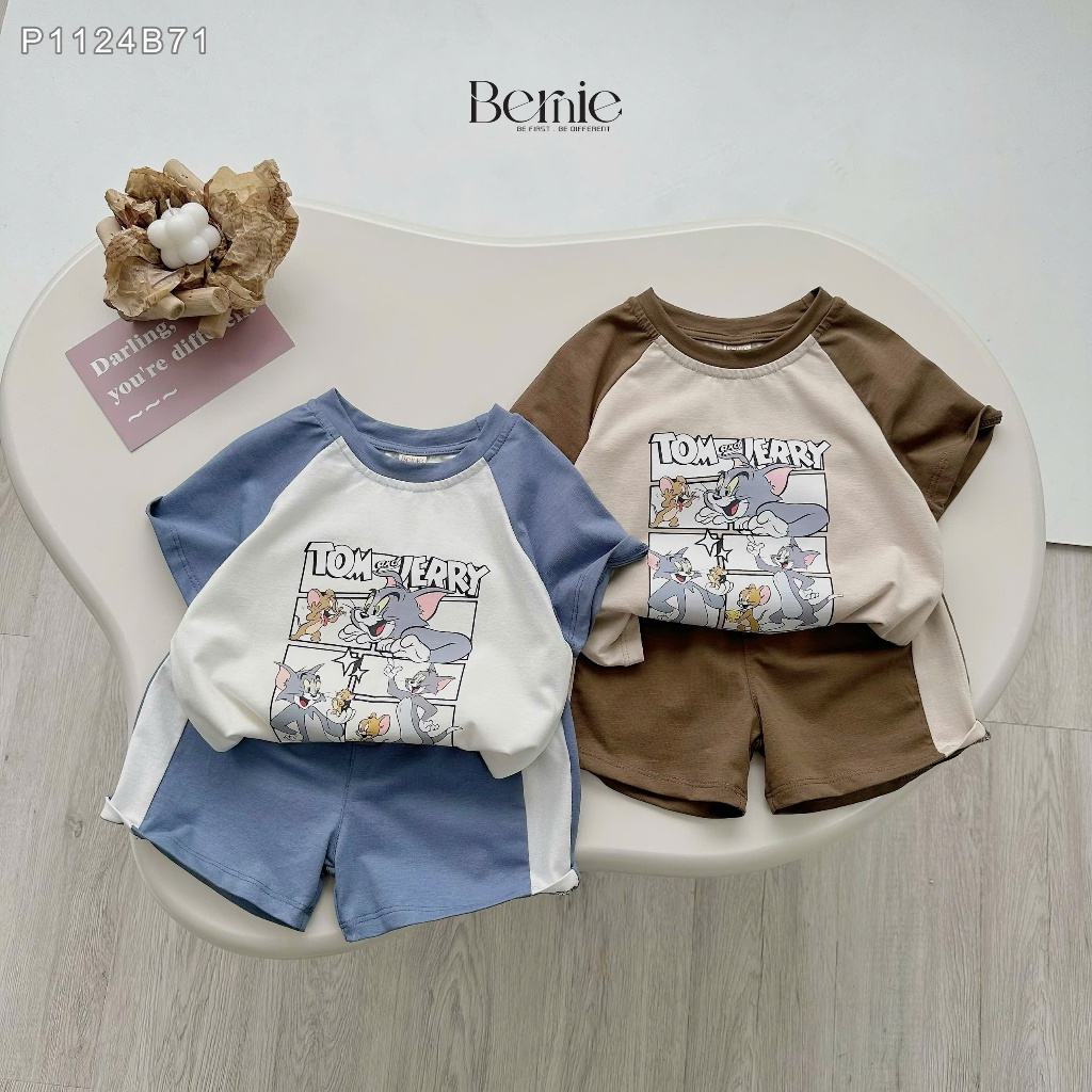 Bộ cộc tay thể thao tom& jerry cotton mềm mát cho bé, bộ thun cổ tròn cotton mềm mịn cho bé trai P1124B71