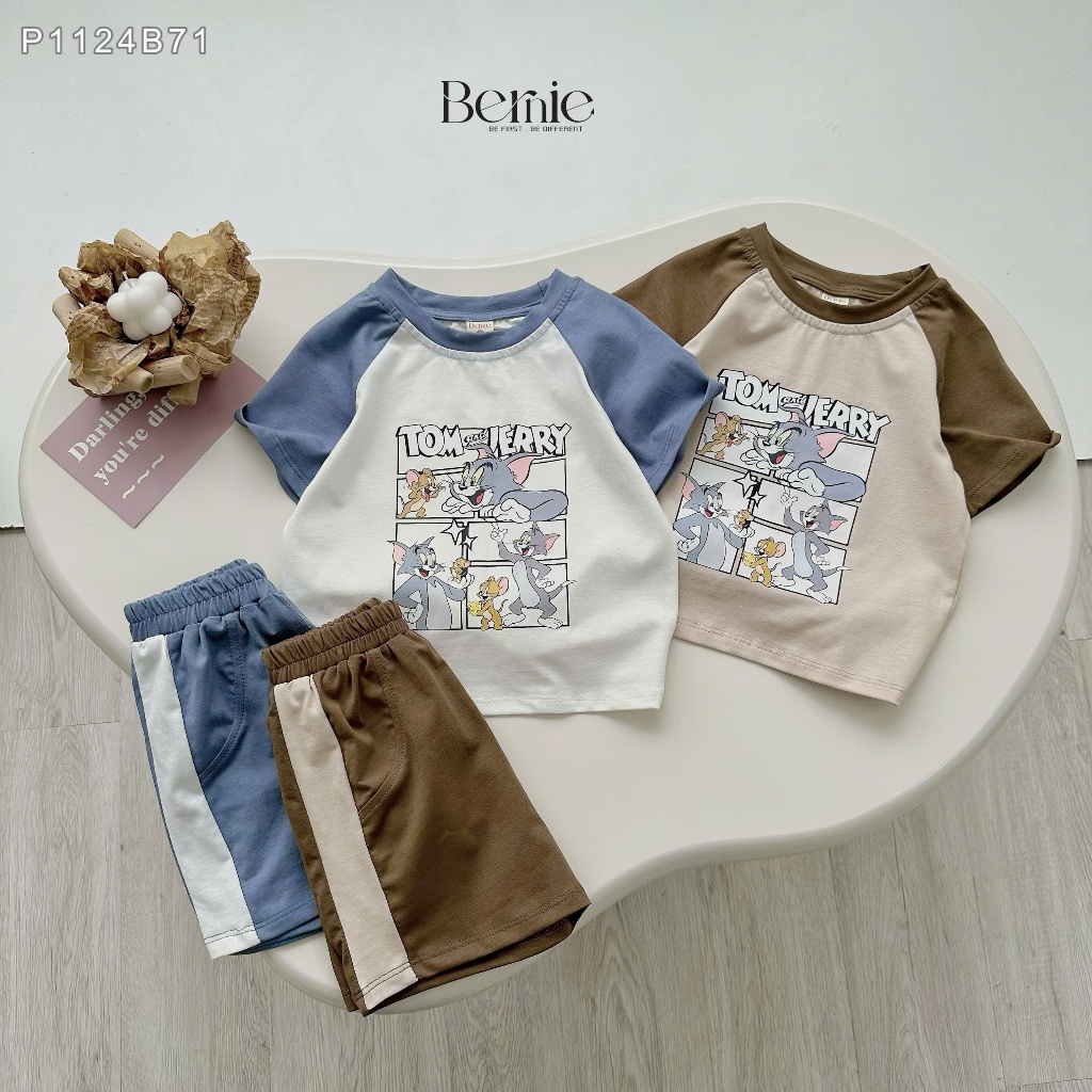 Bộ cộc tay thể thao tom& jerry cotton mềm mát cho bé, bộ thun cổ tròn cotton mềm mịn cho bé trai P1124B71