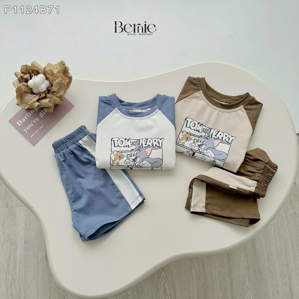 Bộ cộc tay thể thao tom& jerry cotton mềm mát cho bé, bộ thun cổ tròn cotton mềm mịn cho bé trai P1124B71
