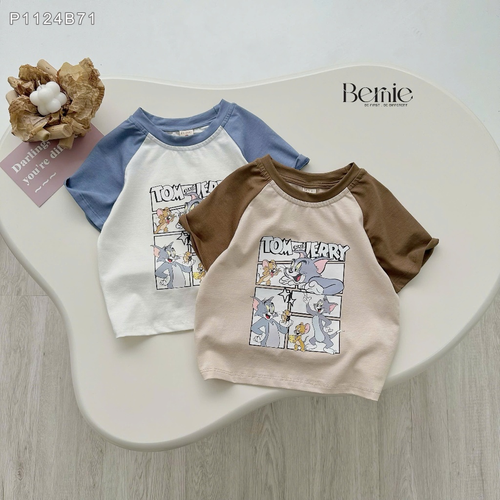 Bộ cộc tay thể thao tom& jerry cotton mềm mát cho bé, bộ thun cổ tròn cotton mềm mịn cho bé trai P1124B71