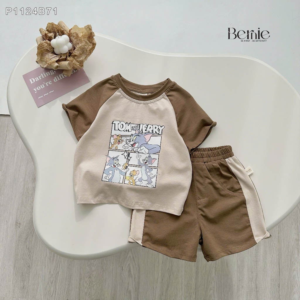 Bộ cộc tay thể thao tom& jerry cotton mềm mát cho bé, bộ thun cổ tròn cotton mềm mịn cho bé trai P1124B71