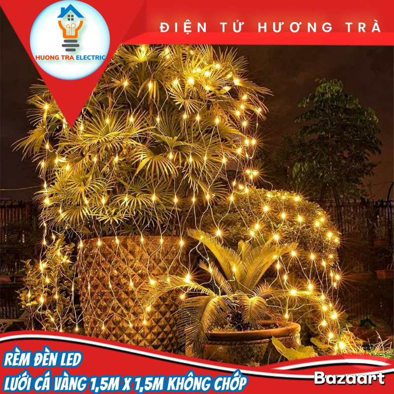 Rèm Đèn Led Lưới Cá Màu Vàng Không Chớp Ngang 1,5m & Dài 1,5m Trang Trí Sân Vườn, Tường Nhà