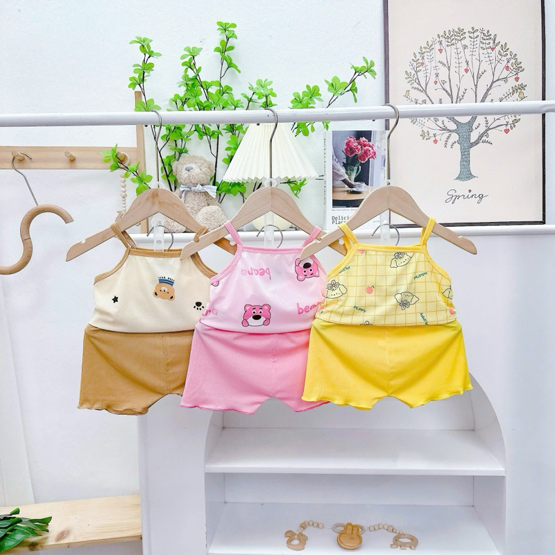 Bộ Hai Dây Vải Thun Tăm Lạnh Thoải Mái Thoáng Mát Cho Bé Gái 6 - 16kg