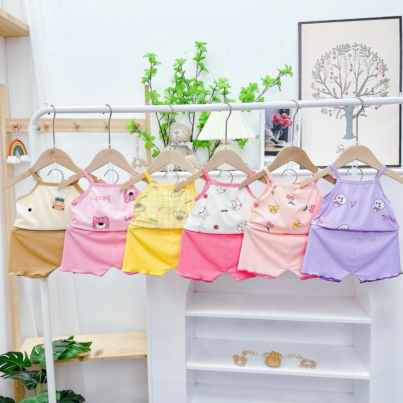 Bộ Hai Dây Vải Thun Tăm Lạnh Thoải Mái Thoáng Mát Cho Bé Gái 6 - 16kg