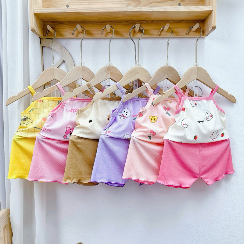 Bộ Hai Dây Vải Thun Tăm Lạnh Thoải Mái Thoáng Mát Cho Bé Gái 6 - 16kg