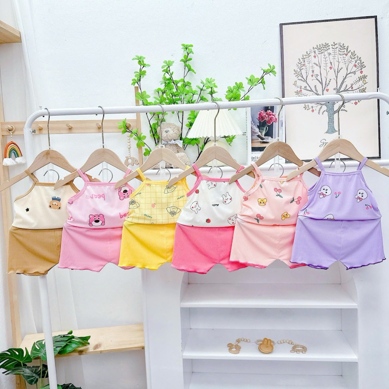 Bộ Hai Dây Vải Thun Tăm Lạnh Thoải Mái Thoáng Mát Cho Bé Gái 6 - 16kg