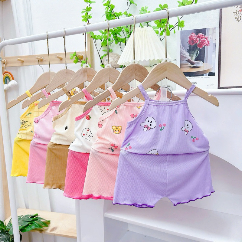 Bộ Hai Dây Vải Thun Tăm Lạnh Thoải Mái Thoáng Mát Cho Bé Gái 6 - 16kg
