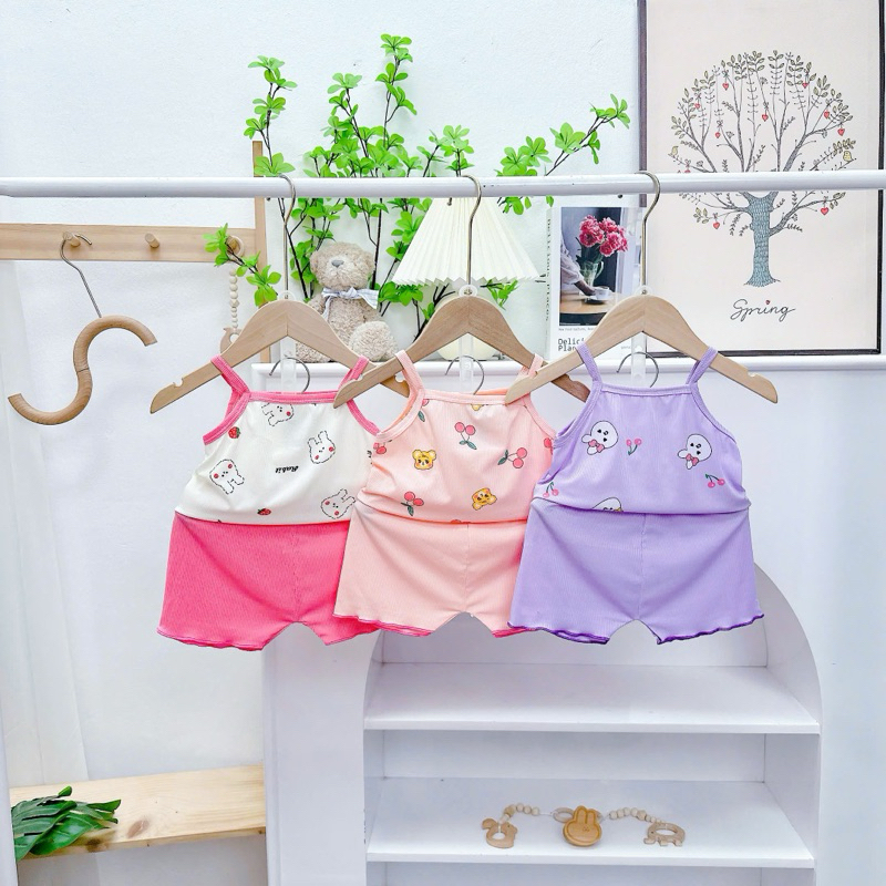 Bộ Hai Dây Vải Thun Tăm Lạnh Thoải Mái Thoáng Mát Cho Bé Gái 6 - 16kg