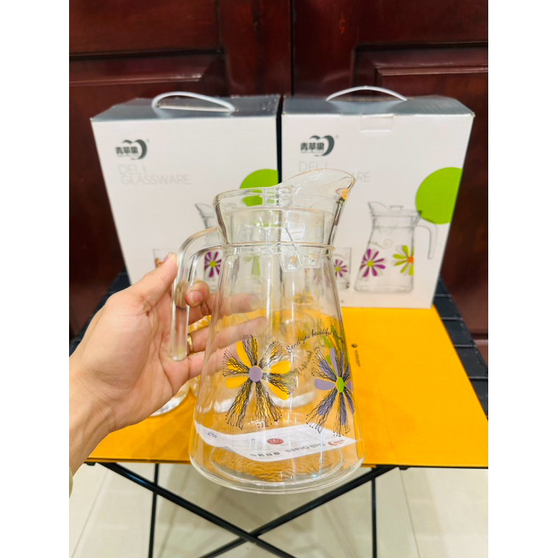 Bộ Bình Kèm 6 Cốc Hoạ Tiết Hoa Sắc Màu Cao Cấp Sang Trọng